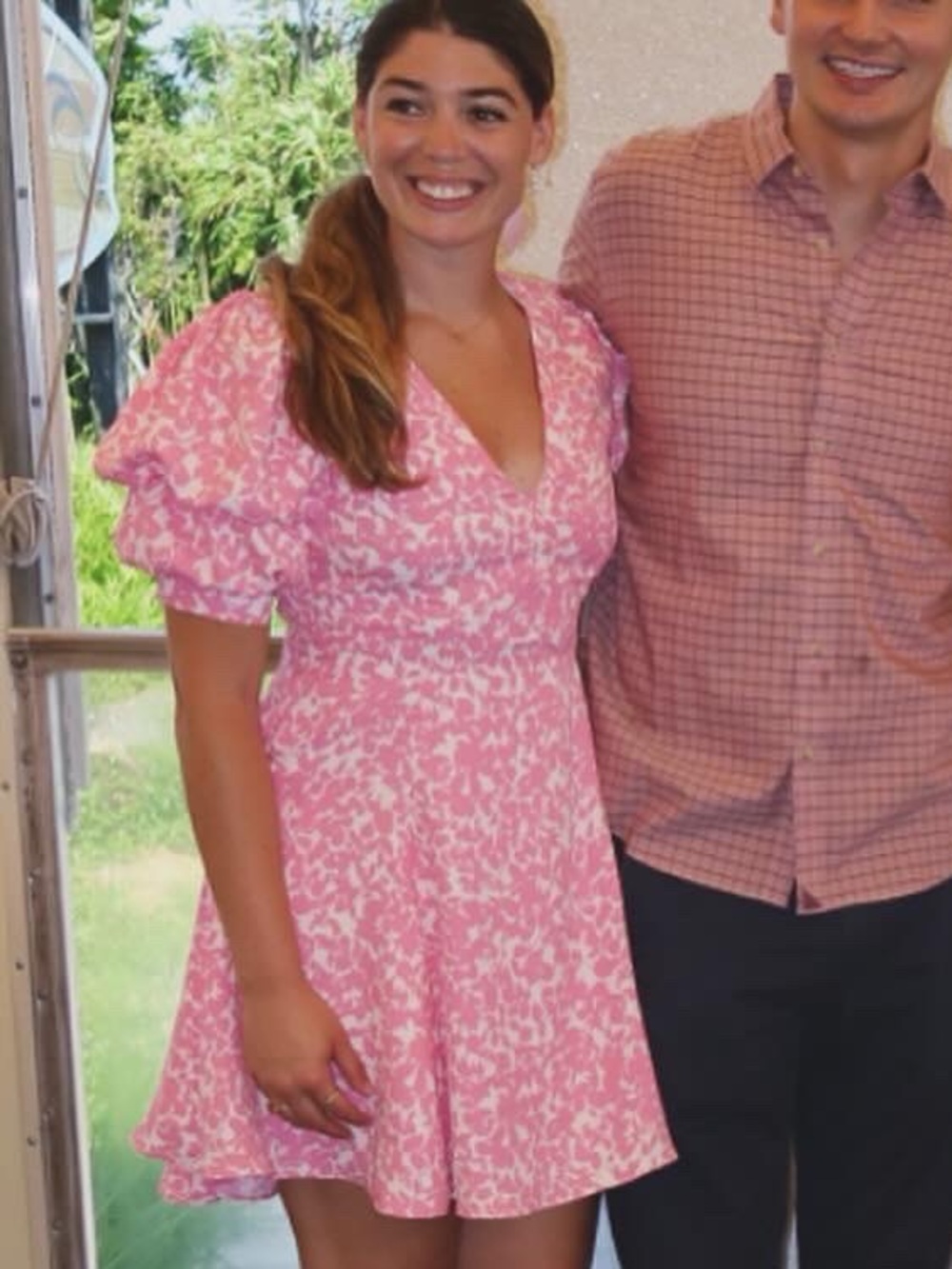 Bloomingdale's Pink V-Neck Puff Sleeve Mini Dress with Floral Print